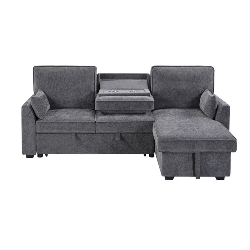 Emilia 89"W Dark Gray Fabric Sleeper Sectional Sofa With Reversible Storage Chaise