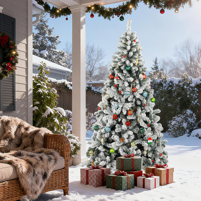 6 FT Flocked Frosted Christmas Tree | Realistic Spruce Artificial Tree | Christmas Decoration Compatible (Dense Branches) | Sturdy Base | Quick-Setup Winter Festive Holiday Tree