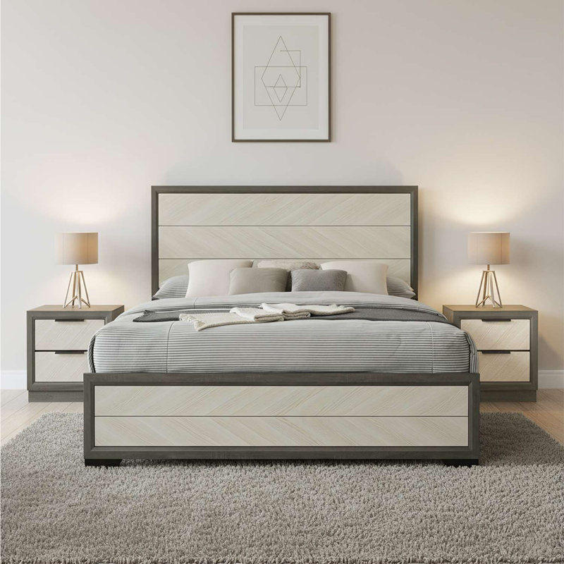 Ensemble de chambre à coucher 3 pièces Visalia - Grand lit avec 2 tables de chevet, Grand lit