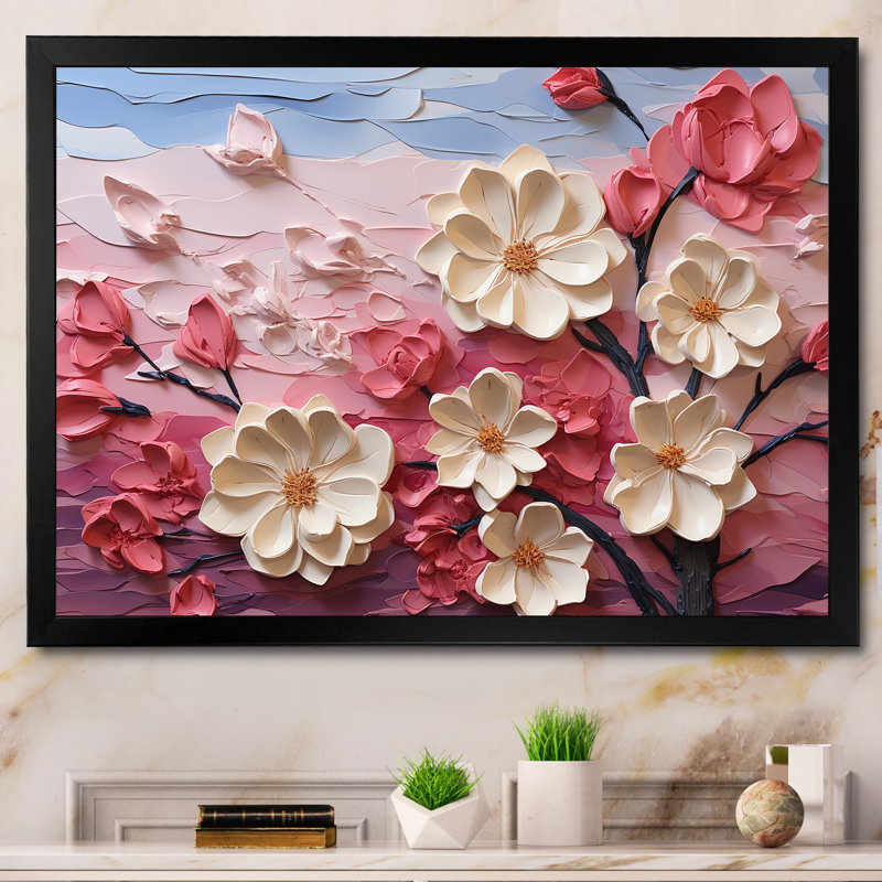 Orchidée rose et blanche, branches III - Art floral abstrait, Cadre d'angle fermé noir, H 30 po x l 40 po x P 1,5 po