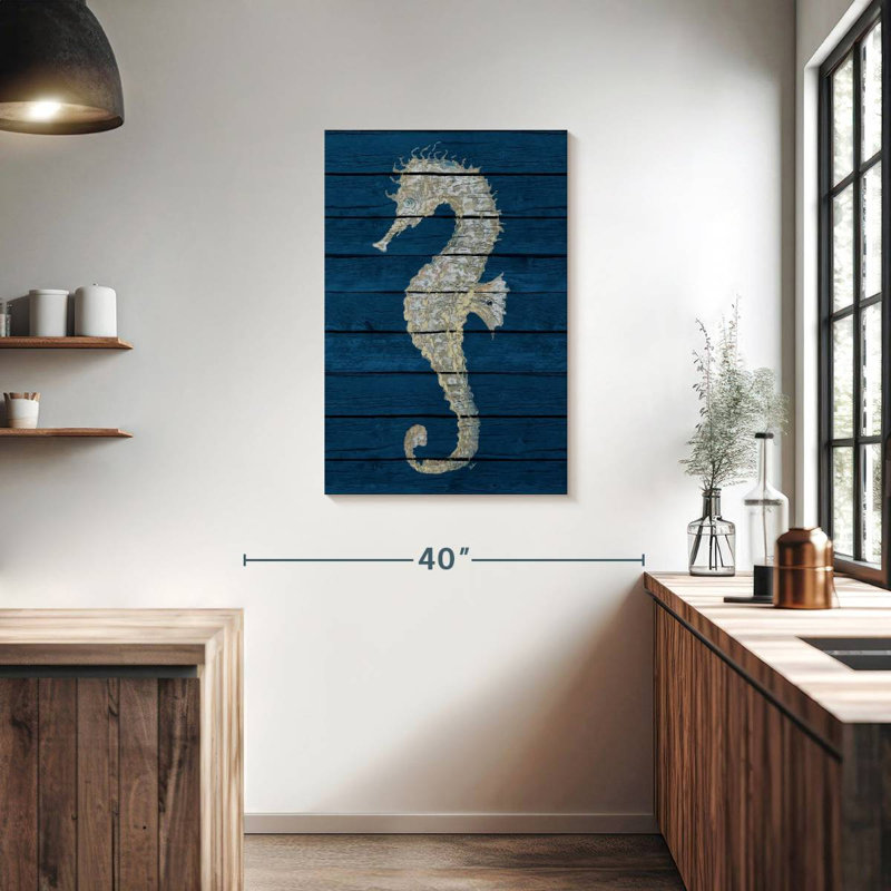 Hippocampe antique Brampt sur bleu II, H 36 po x l 24 po