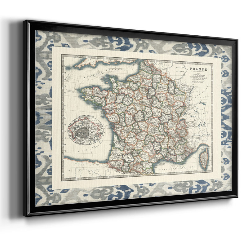 Carte bordée de la France encadrée sur toile, H 14 po x l 20 po x P 1,5 po, Noir