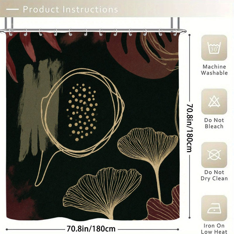Rideaux de douche Ginkgo rouge foncé avec lignes dorées, 71 x 71, Noir