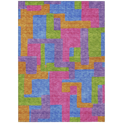 10' X 14' Pink Abstract Washable Indoor Outdoor Area Rug