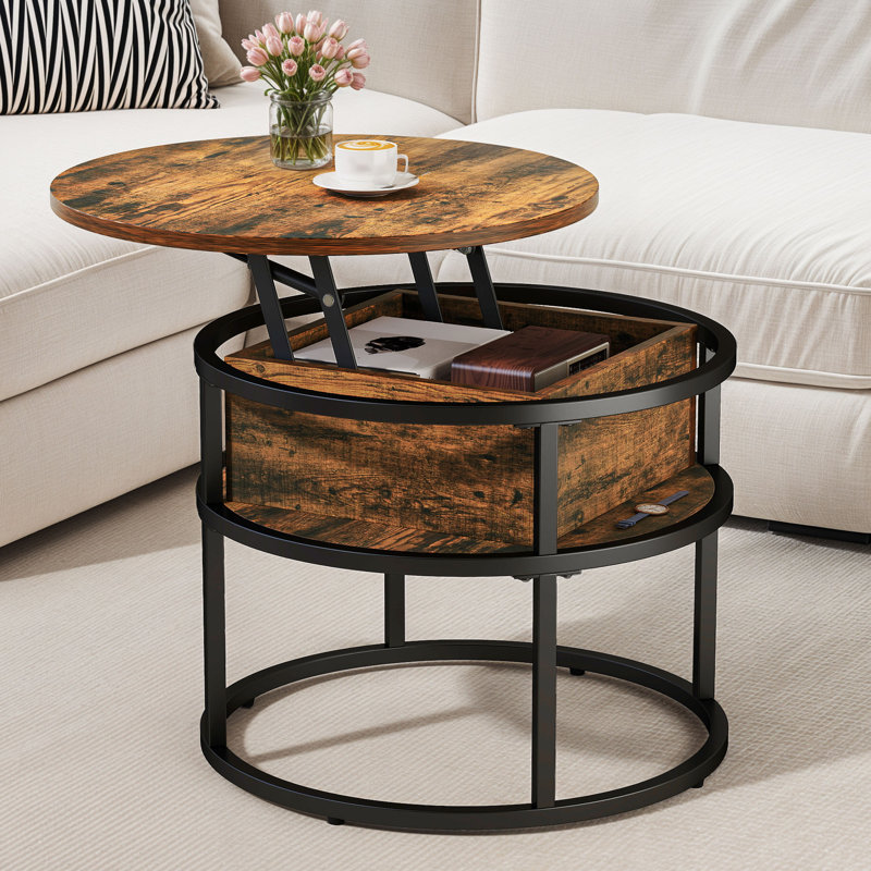 Rothwell Lift Top  Coffee Table ,Extendable Round Cocktail Table, Black, Deep Brown, 62.5cm H x 60cm W x 60cm D