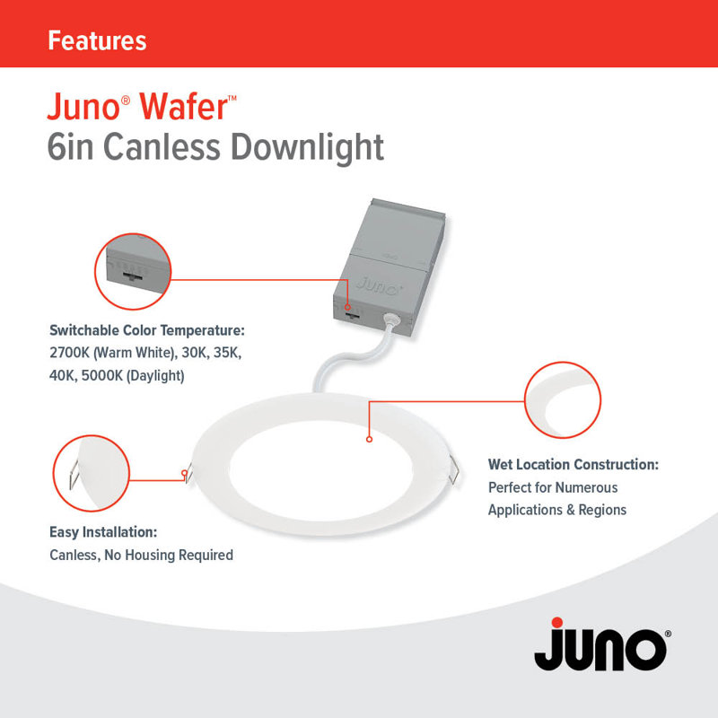 Juno WF6 LED Round 120 Volts LED Recessed Downlight, 2700K/3000K/35000K/4000K/5000K, White (4-Pack)