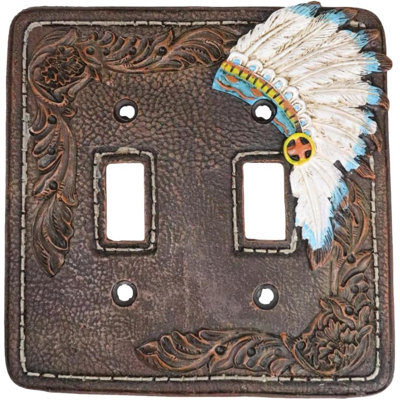 Set Of 2 Faux Leather Tribal Indian Chief Headdress Double Toggle Switch Plates