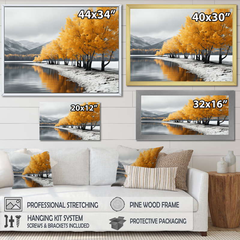 Symphonie de l'arbre monochrome jaune et gris II - impression, H 12 po x l 20 po x P 1 po, Cadre naturel flottant