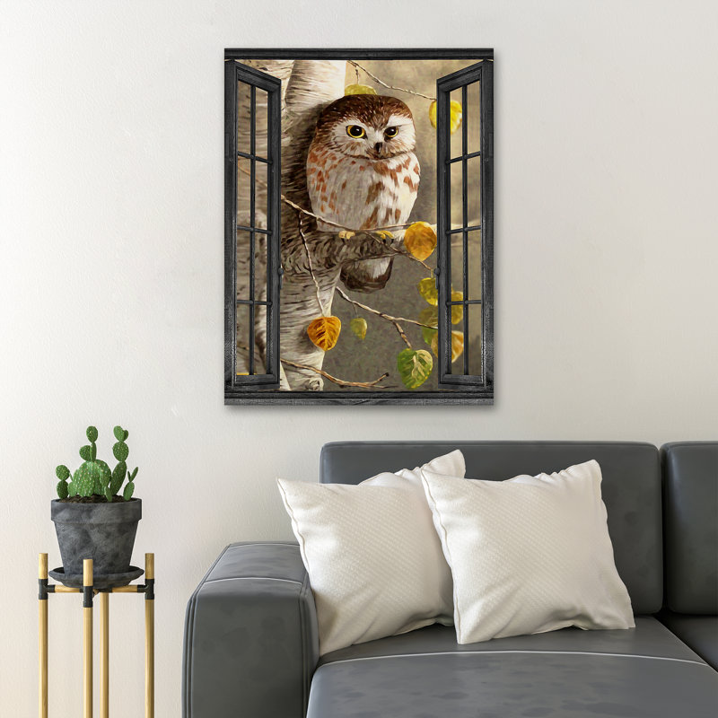 Chouette près de la fenêtre - «No Text», toile tendue avec châssis - Illustration animalière, décoration de salon brun