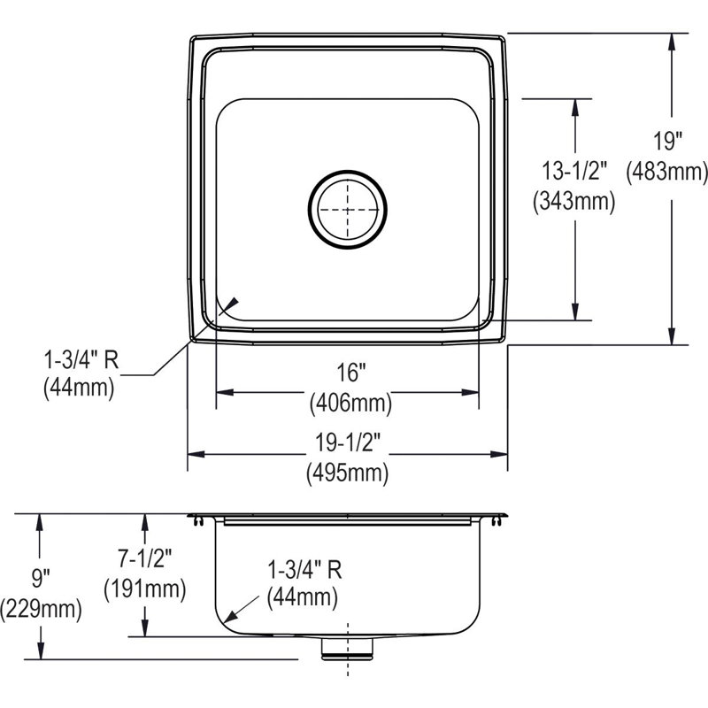 Évier de cuisine encastré en acier inoxydable l 19,5 po x l 19 po avec drain parfait Lustertone, 2 trous