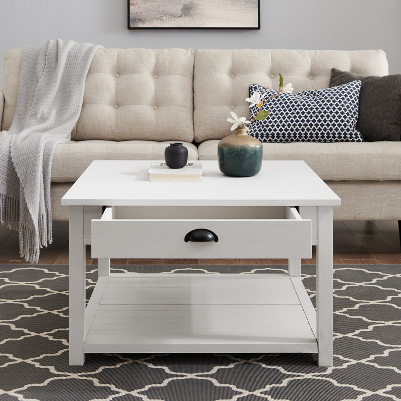 Table basse à 1 tiroir avec rangement Cadhla, Blanc brossé