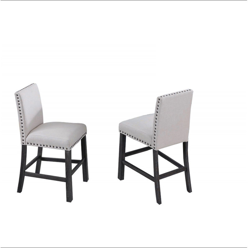 Ensemble de 2 chaises de comptoir rembourrées avec garniture cloutée et pieds de bois gris antique
