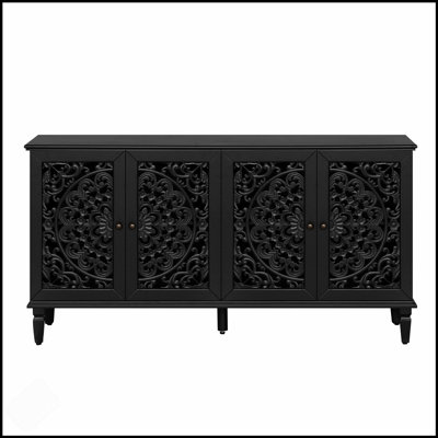 Élégante armoire buffet antique avec sculptures florales, pieds en bois massif, poignées en laiton antique et tablettes réglables pour un rangement polyvalent et un meuble télé