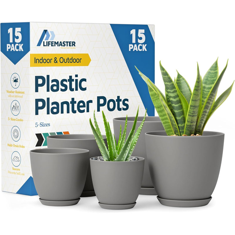 Planter Pots with Drainage Holes - Lightweight, Durable, and Space-Saving Pots for Indoor and Outdoor - Versatile Functionality, Simple Modern Design, Set of 15 Plastic Planter Pots