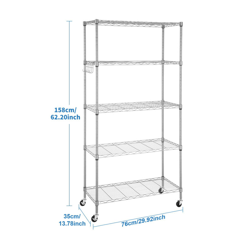 76cm W Metal Shelving Unit with Wheels, Silver