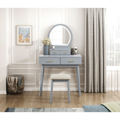 Meuble-lavabo moderne à finition grise avec miroir à DEL, 4 tiroirs et tabouret rembourré pour la chambre à coucher