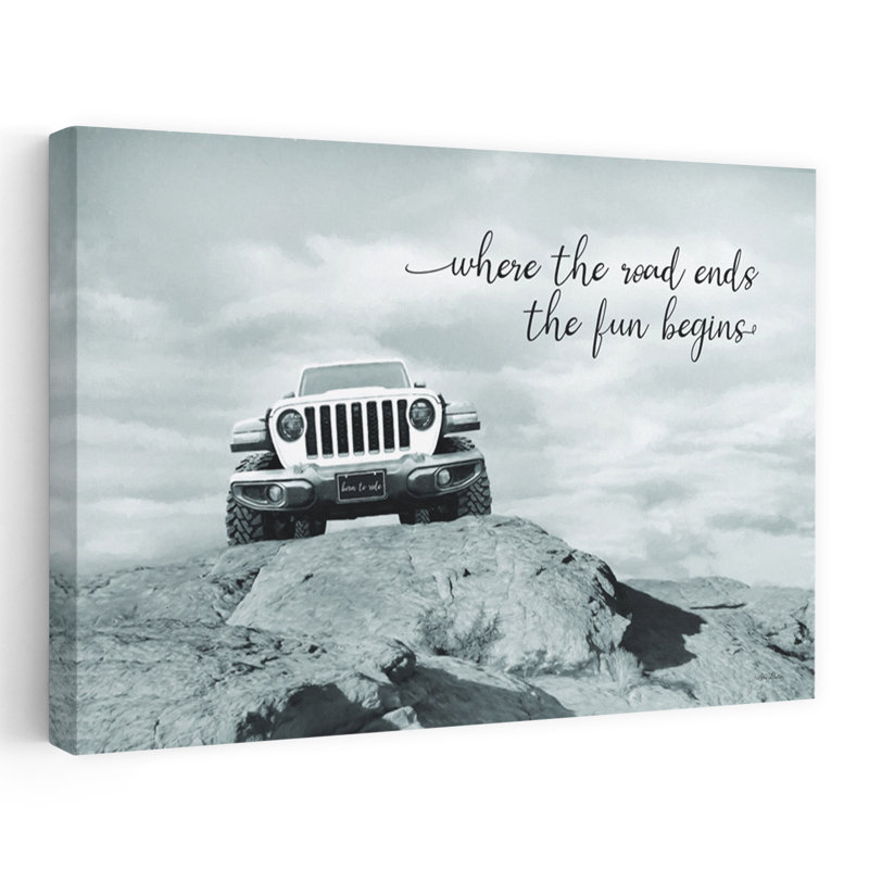 «Where The Road Ends The Fun Begins», art contemporain contemporain de montagne, H 32 po x l 48 po