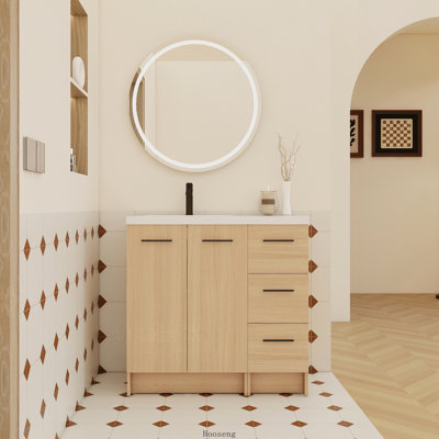 Meuble-lavabo autoportant modulaire en chêne clair 36 po avec plateau en résine 36 po, 2 portes 24 po et armoire 3 tiroirs 12 po