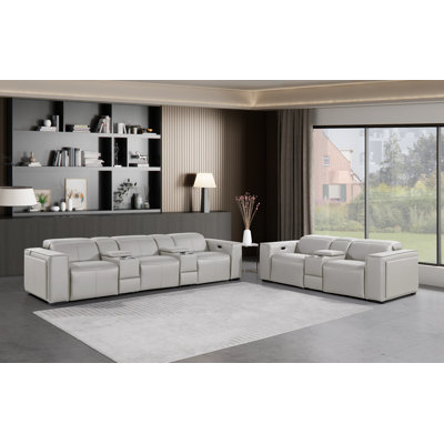Padua Top Grain Italian Leather Modular Power Reclining Sofa & Console Loveseat Set With Power Adjustable Headrests & Dual Consoles