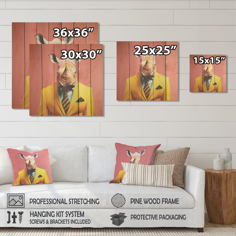 Adorable rhinocéros en jaune II - Rhinocéros sur bois, H 36 po x l 36 po