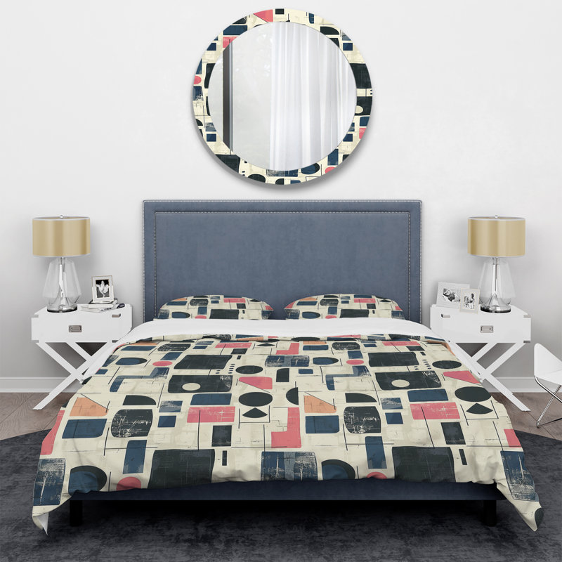 Ensemble de housse de couette à motif géométrique vert et rose Midcentury, Housse de couette très grand et 2 très grandes t