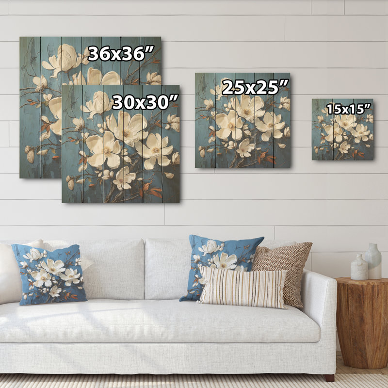 «Magnolia Blooming Elegant I», art mural bleu sur bois de pin naturel, H 15 po x l 15 po