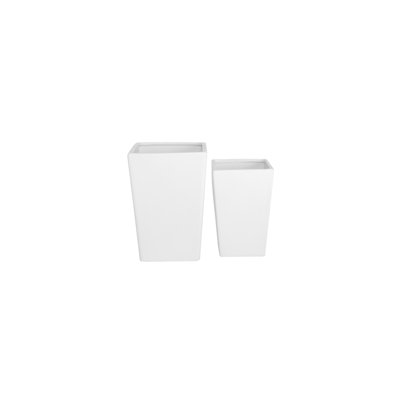 Ceramic Square Pot with Lightly Brushed Design Body and Tapered Bottom Set of Two Matte Finish White..7.00"x7.00"x10.00"H; 5.50"x5.50"x8.25"H
