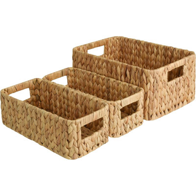 Water Hyacinth Storage Baskets, Square Wicker Baskets With Built-In Handles, Hand-Woven Baskets For Bedroom, Bathroom, Pantry, Shelves, Set Of 3 (1PC Large, 2PCS Medium)