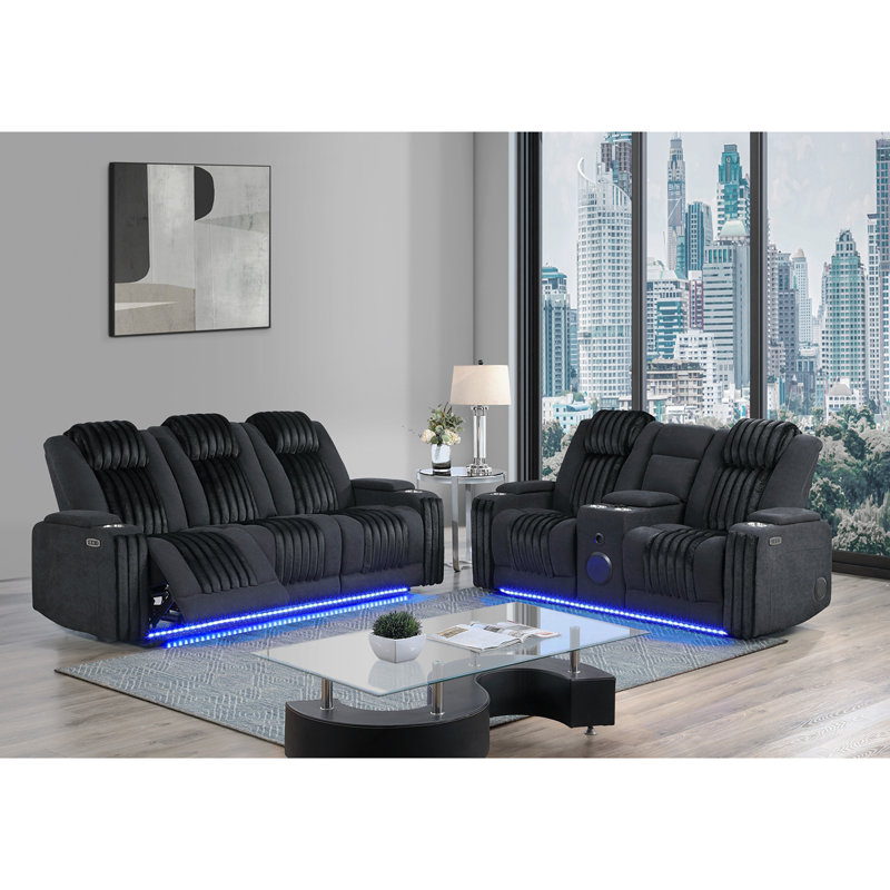 Duran Black Power Reclining Loveseat With Power Headrest, LED And Bluetooth Speaker, Black
