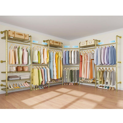  L6 Closet Rack Wall Mount for Corner - Expandable Industrial Pipe Closet , Closet Organizer Storage Solution for Wardrobe, Bedroom, Walk-in Closets, Gold