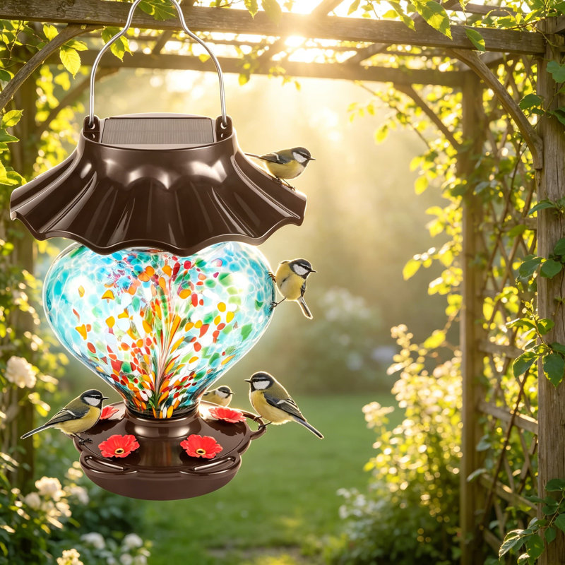 Mangeoire solaire pour colibris à suspendre à l'extérieur, en verre soufflé à la main en forme de cœur 33 oz, étanche et antirouille, décoration de jardin éclairée à DEL avec 2 crochets