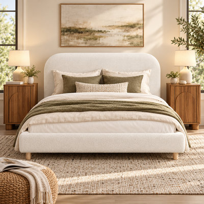 Ensemble de chambre à coucher 3 pièces, lit tapissier, tête de lit épaisse au design incurvé, ensemble de tables de chevet 2 avec tiroirs de rangement et tablettes ouvertes