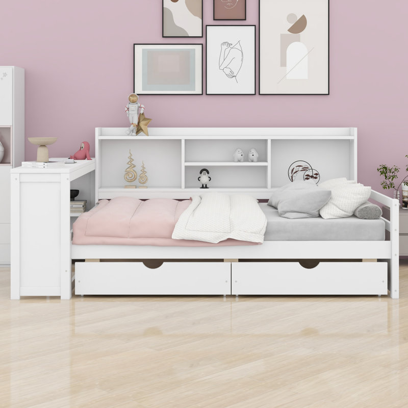 Lit de jour d'angle avec bureau, tiroirs de rangement, bibliothèque et port de charge, parfait pour les petites pièces, Blanc