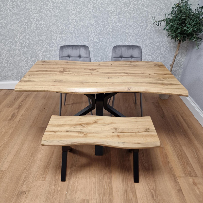 Brown Wooden Dining Table with 2 Black Chairs and Bench - Dining Furniture, Wooden, 75cmH x 117cmL x 77cmW