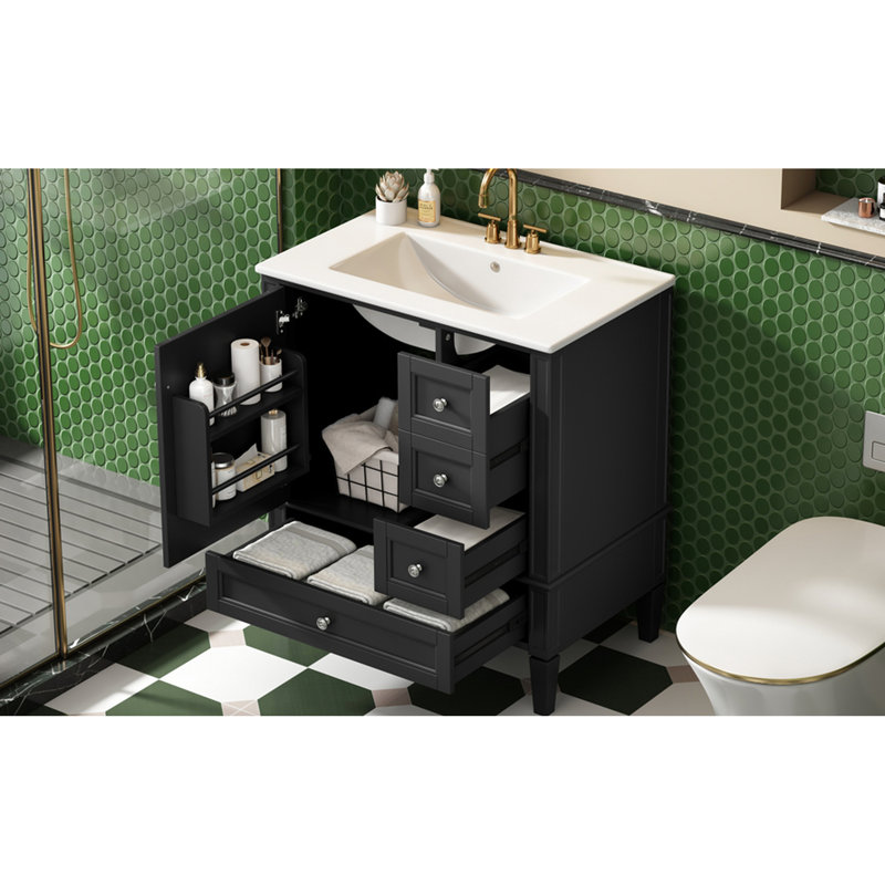 Meuble-lavabo moderne 30 po avec lavabo en céramique - armoire noire 3 tiroirs et article élégant