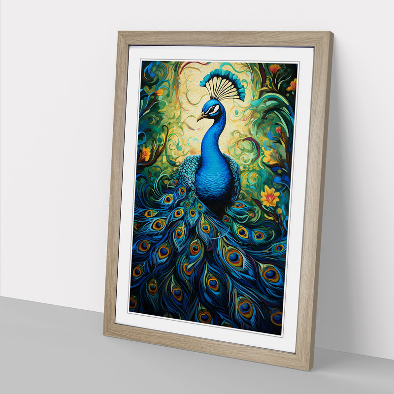 Peacock Action No.2 - Single Picture Frame Print on Wood, Oak Framed, 64cm H x 46cm W x 2" D