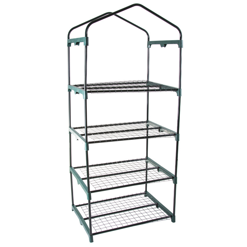 Compact 4-Tier Green Iron Mini Greenhouse with Zippered PVC Cover