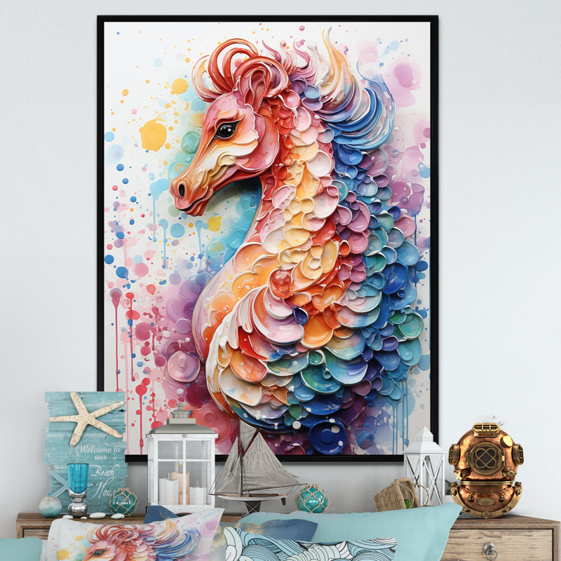 Hippocampe rose, élégance océanique - Hippocampe, art mural, Cadre flottant noir, 32" H x 16" W