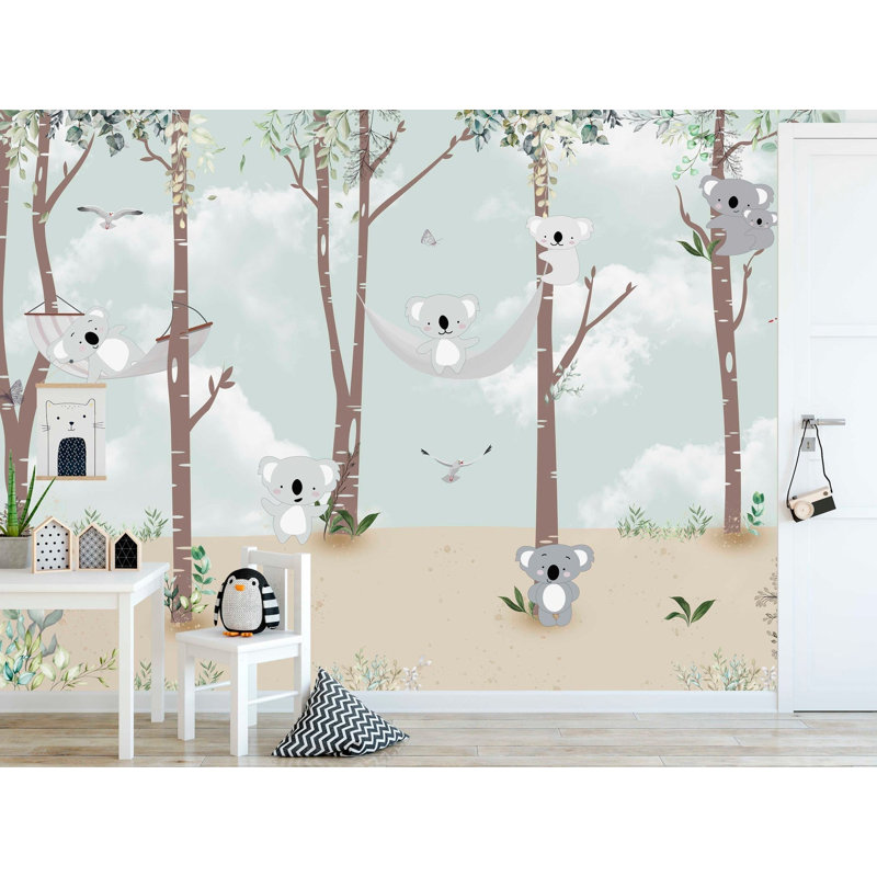 Adorable fond de bébé Koalas sur un hamac avec des arbres et des enfants, L 35,04 po x l 55 po
