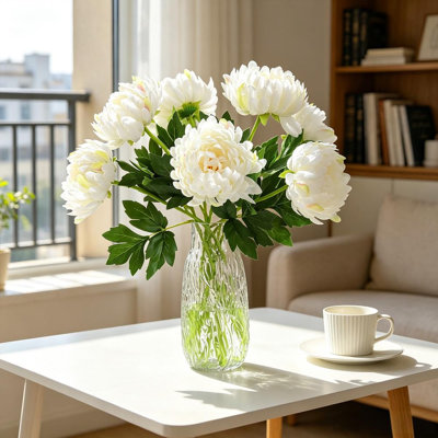 6pcs Realistic White Artificial Silk Peony Flowers, Faux Long Stem Peonies for Home & Wedding Table Decor