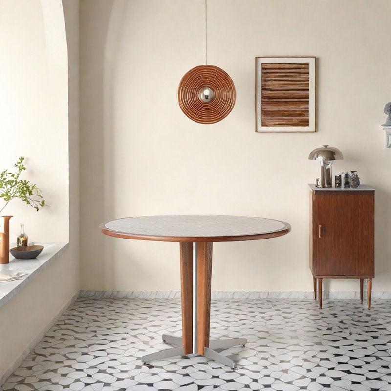 Walnut-colored small-sized retro circular table, 29.52”H x 47.24”L x 47.24”W
