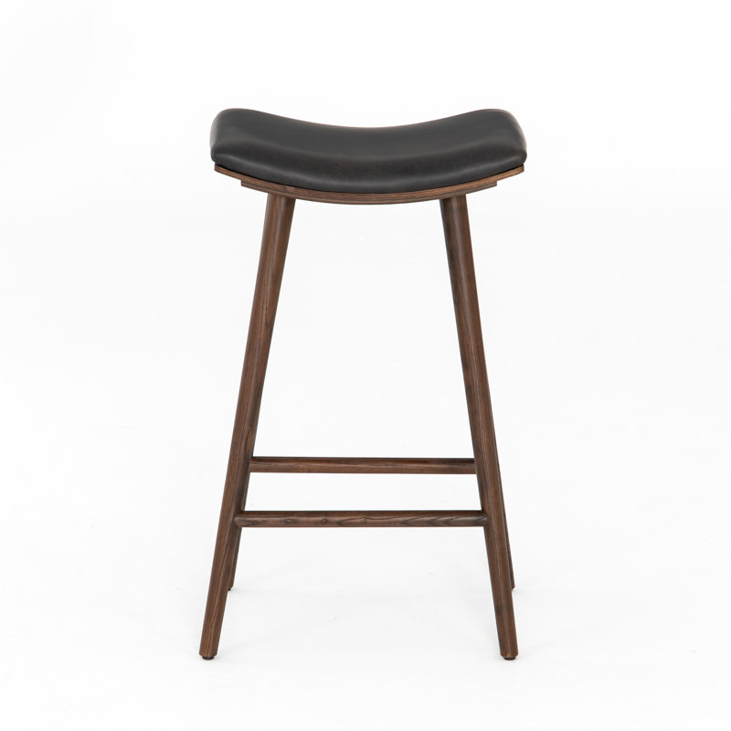 Union Wallis Belfast Solid Wood Stool, Counter Stool (26" Seat Height), Faux Leather - Distressed Black/Warm Parawood