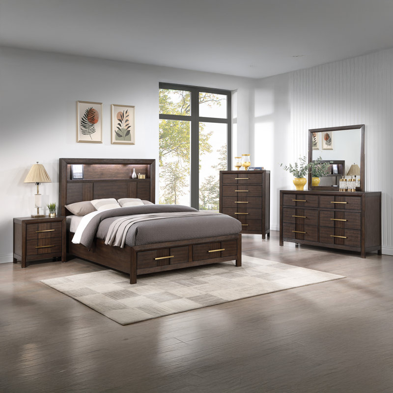 Ensemble de chambre à coucher Adryan, Très grand lit, Brun, 5 Pcs: Bed, 2 Dressers, Mirror, Nightstand