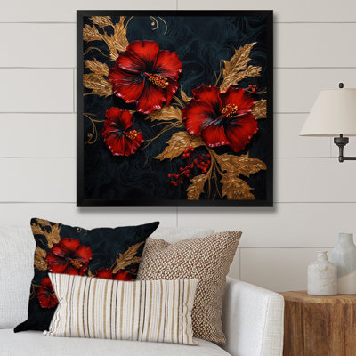 " Red Gorgeous Gilded Hibiscus On Black "