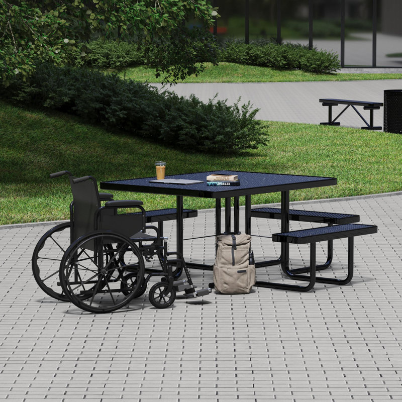 Leisure Craft 46" Square ADA Accessible Outdoor Picnic Table with 3 Bench Seats, Black
