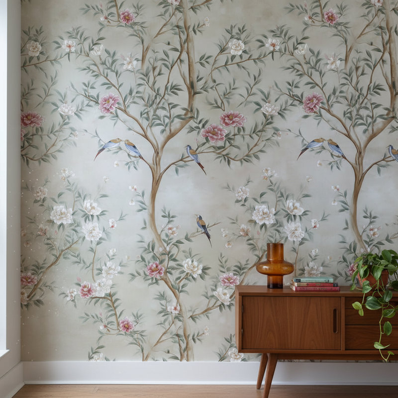 Papier peint floral, oiseaux, décoration murale traditionnelle