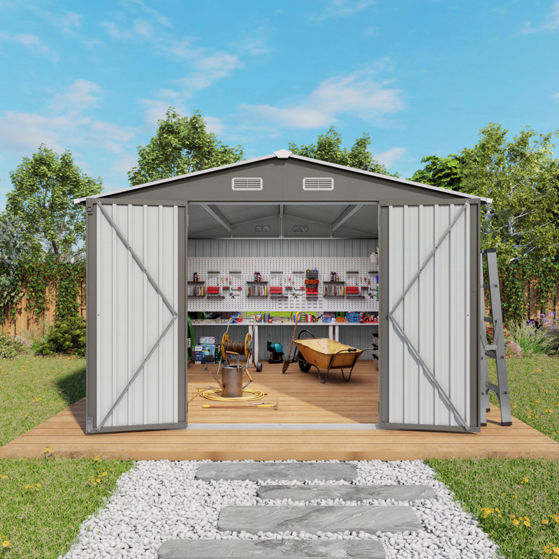 Grande remise de jardin en métal 10 x 12 pi avec double porte et deux portes imperméables pour la cour, au bord de la piscine, gris