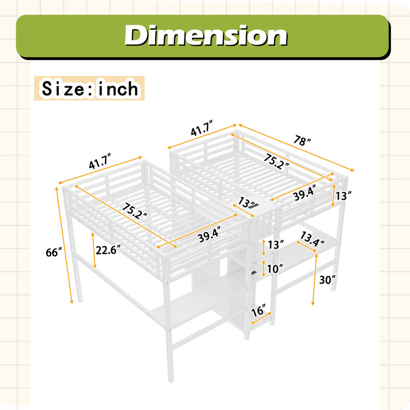 Lit mezzanine simple au-dessus d'un lit simple en métal avec bureau double, armoire et tablettes avec prise électrique pour économiser de l'espace et réduire le bruit