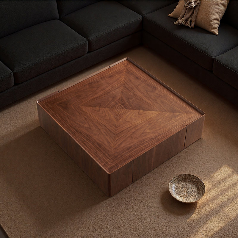 Table basse 35,4 po carrée en noyer avec plateau à incrustation radiale et 2 tiroirs cachés, table basse de rangement moderne Mid-Century