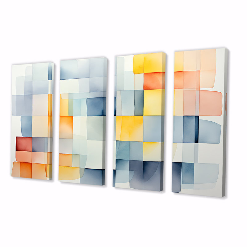 Motif de cubes multicolores V - abstrait géométrique, art mural 4 pièces, H 28 po x l 48 po
